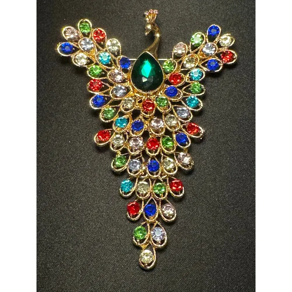 Large Multicolored Rhinstone Articulated Peacock Brooch